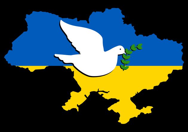 Flag on the map of Ukraine with the dove of peace. White dove flying over the country hold a olive branch of the peace. Concept of a fluttering bird that brings peaceful and calm to Ukrainian people.