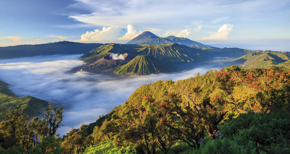 Blick über das Mount Bromo-Vulkanmassiv 