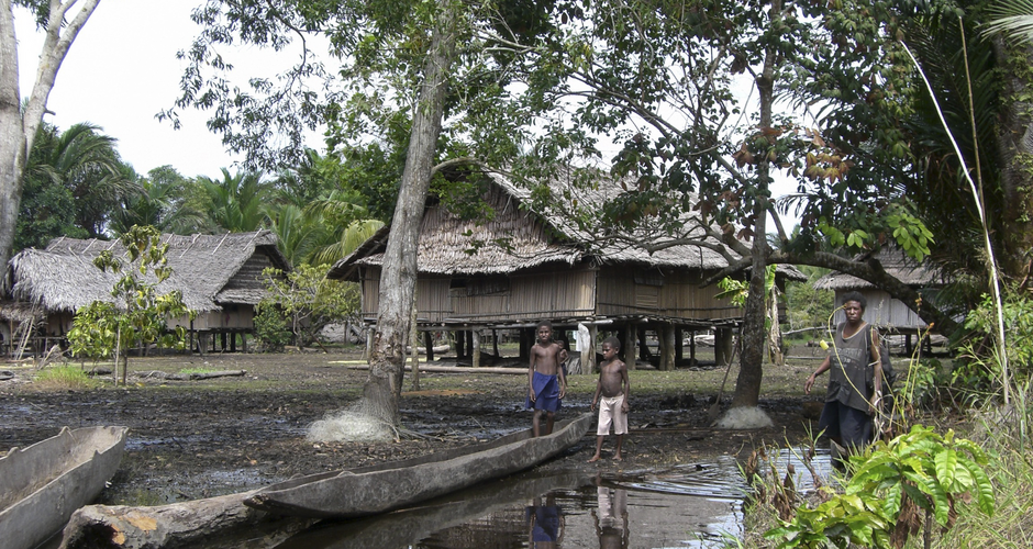 Ursprüngliche Dörfer am Ufer des Sepik 