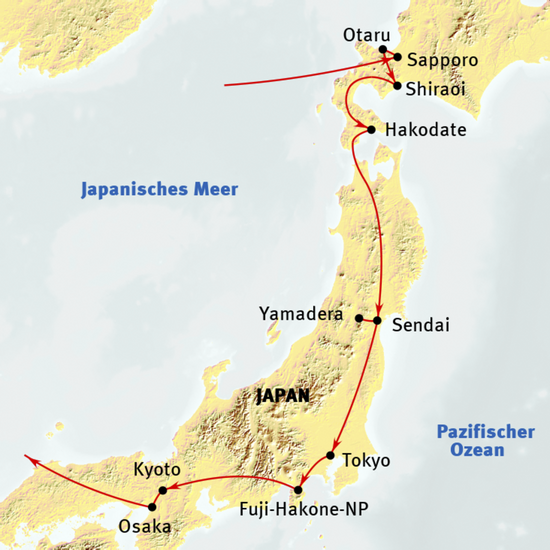 Karte von Japan mit Reiseverlauf und Städten wie Sapporo, Tokyo und Kyoto.